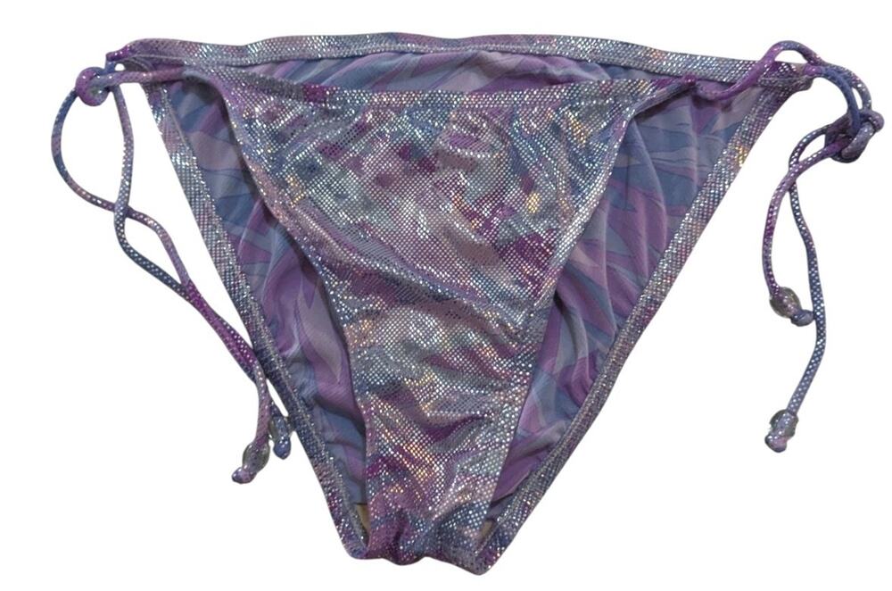 Y2K Purple Holographic Iridescent Bikini Bottom M Tie Side Low Rise Metallic